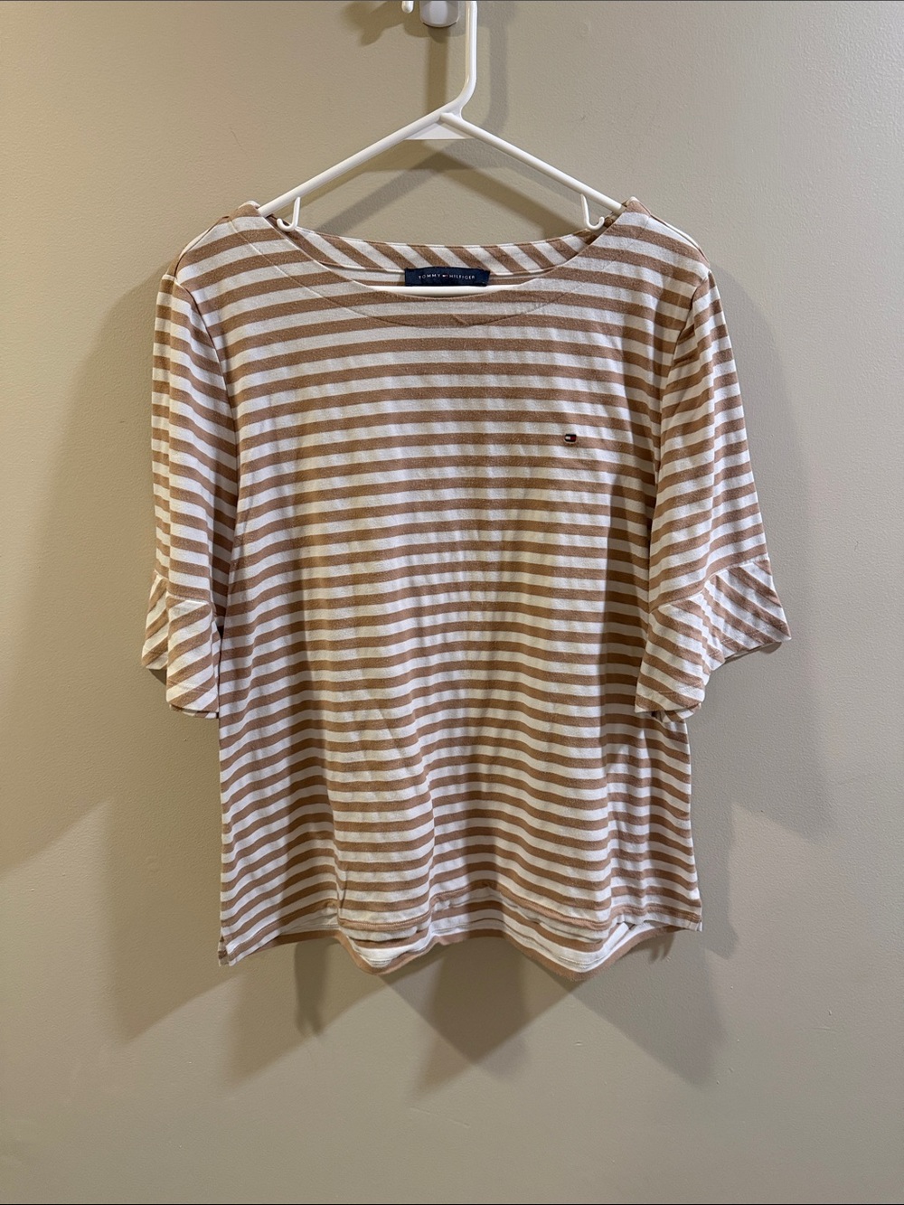 Tommy Hilfiger Beige and White Striped Short Sleeve Tee